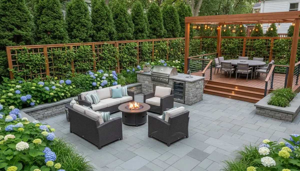 Modern backyard patio design with lighting and greenery by Boston, MA landscaping professionals