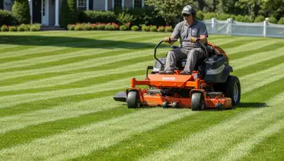 Professional landscaper mowing striped lawn with commercial mower in Boston, MA