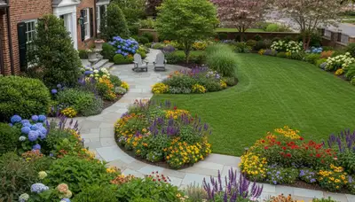 Complete landscape transformation with mature plantings and hardscape design at a Boston, MA home