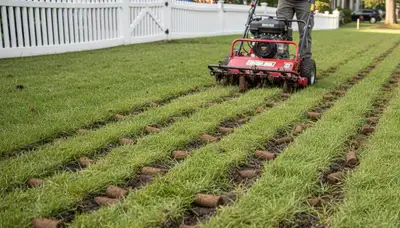 Core aeration machine treating residential lawn in Boston MA with soil plugs visible during lawn care service