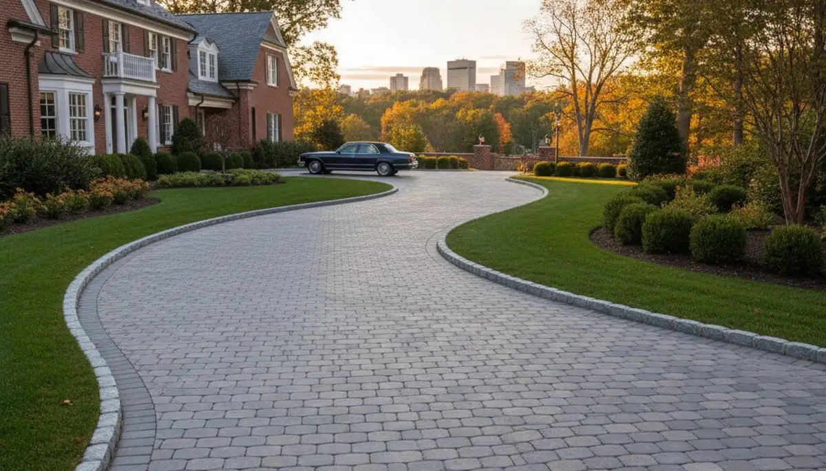 Curved paver driveway design showcasing expert landscaping craftsmanship in Boston, MA