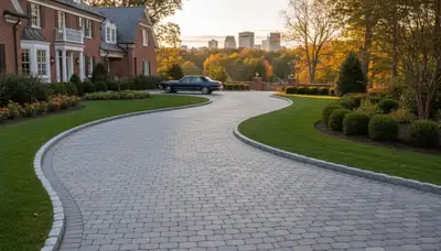 Curved paver driveway design showcasing expert landscaping craftsmanship in Boston, MA
