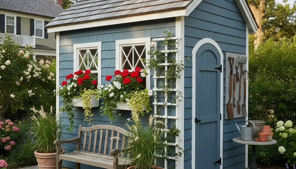 Decorative garden shed with lush landscape design by Chop Chop Landscaping in Boston, MA