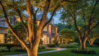 Dramatic tree uplighting showcases professional landscape lighting design in Boston, MA at night