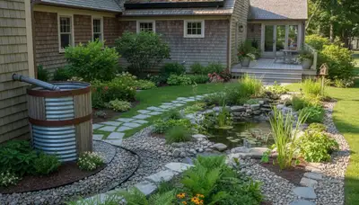 Boston MA rain garden with eco-friendly water management by organic landscaping professionals