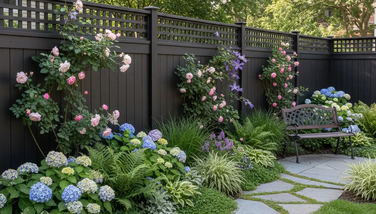 Wood fence with lush garden beds and climbing plants by Boston landscaping professionals