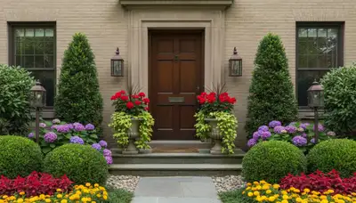 Front yard landscape design with colorful flowers and shrubs enhancing curb appeal in Boston, MA