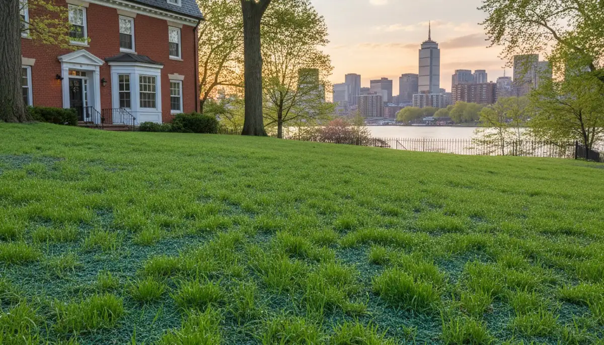 Hydroseed grass seedlings establishing healthy new lawn growth on a Boston, MA property