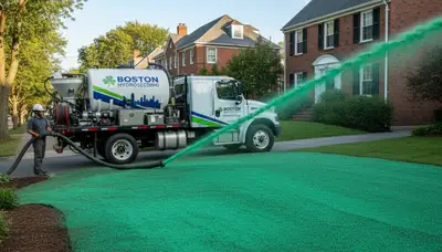Hydroseeder truck spraying green slurry for fast lawn growth in Boston MA landscaping project