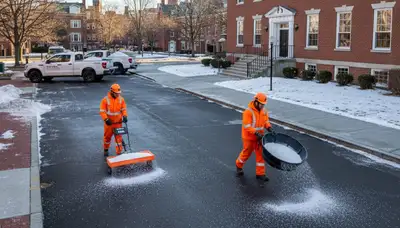 Professional de-icing and salt application on Boston, MA pavement for winter safety by landscaping experts