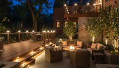 Illuminated deck and patio with step and post cap lights by Boston landscaping pros, enhancing outdoor living