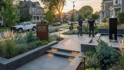 Boston MA landscaping team installing professional hardscape and garden maintenance services