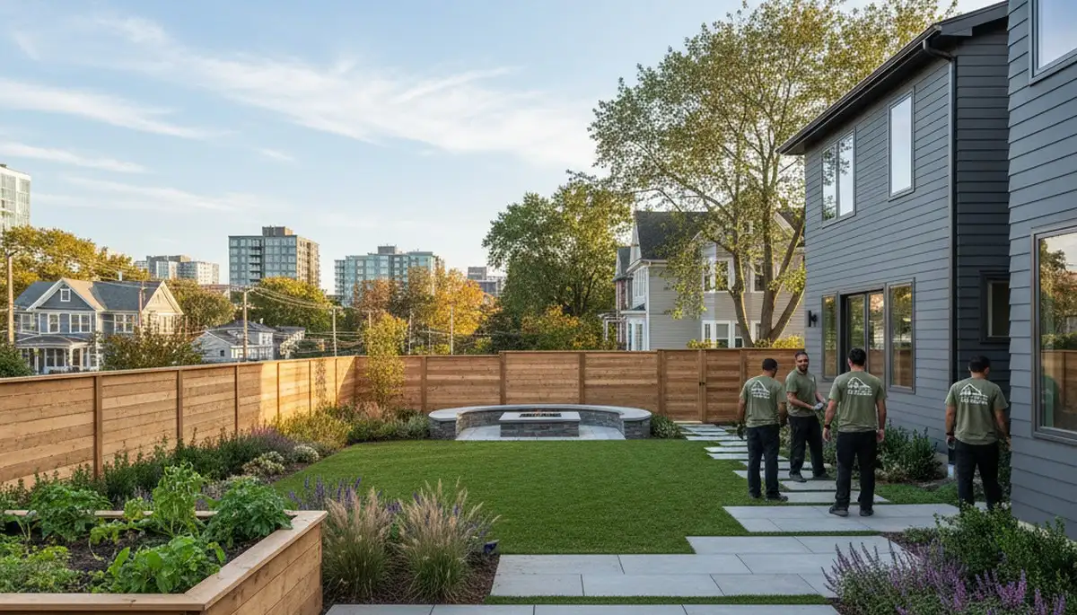 Boston, MA landscaping service team maintaining a professional residential outdoor landscape