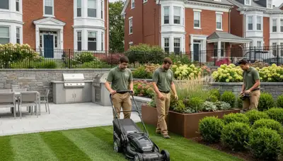 Landscaping crew providing lawn maintenance and garden care in Boston, MA