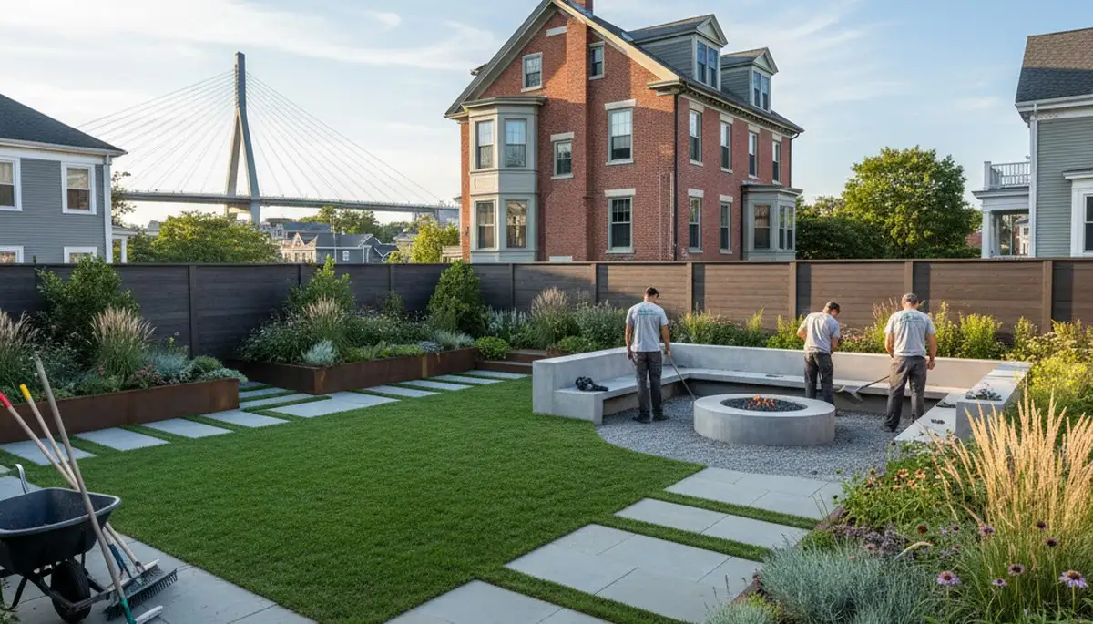 Boston landscaping crew providing professional lawn care and landscape maintenance in Boston, MA