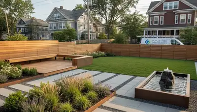 Boston landscaping crew providing professional lawn care and garden maintenance in Boston, MA