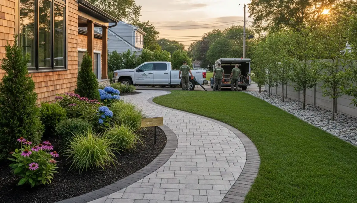 Boston, MA landscaping service team maintaining a residential yard for a clean, professional finish