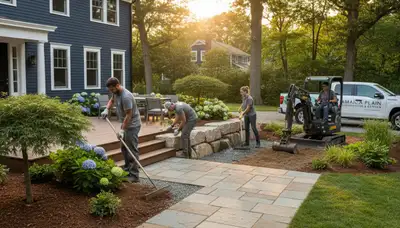 Boston, MA landscaping crew providing professional lawn care and property maintenance services