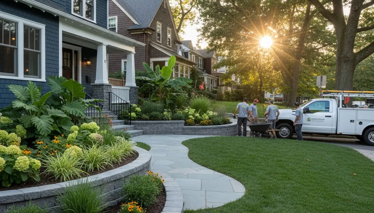 Boston, MA landscaping service team designing and maintaining a professional commercial landscape