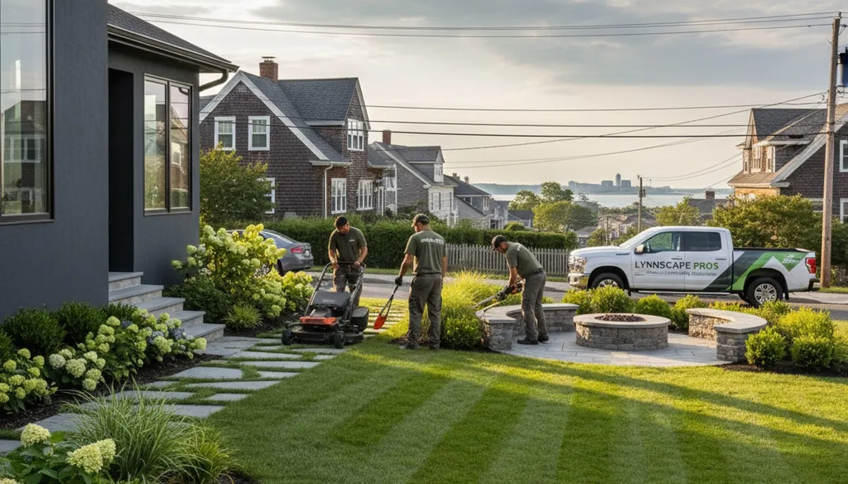 Boston landscaping crew providing professional lawn care and yard maintenance in Boston, MA