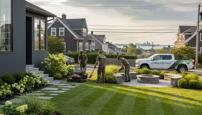 Boston landscaping crew providing professional lawn care and yard maintenance in Boston, MA