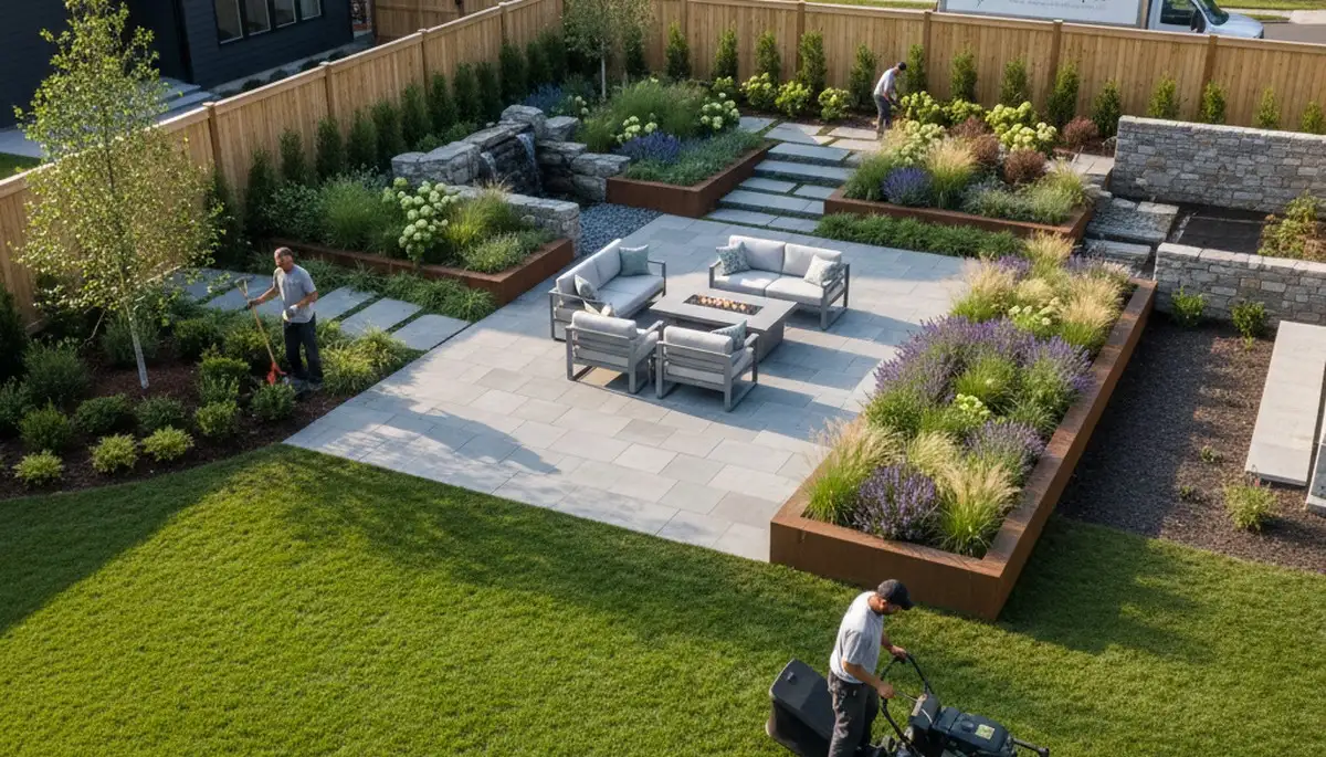 Boston, MA landscaping professionals maintaining a clean, well-kept commercial property