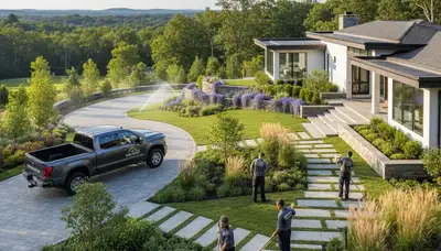 Boston, MA landscaping crew providing professional lawn care and landscape maintenance