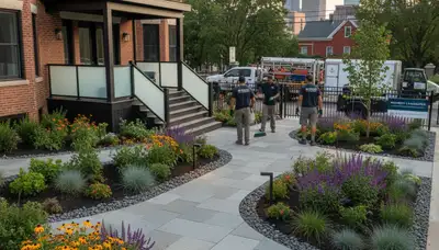 Boston, MA landscaping service team maintaining a residential yard for curb appeal