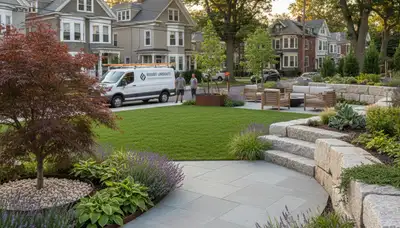 Boston, MA landscaping crew providing professional yard maintenance and lawn care services