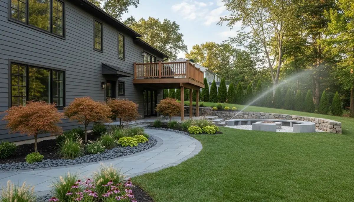 Boston, MA landscaping crew designing and maintaining a residential yard