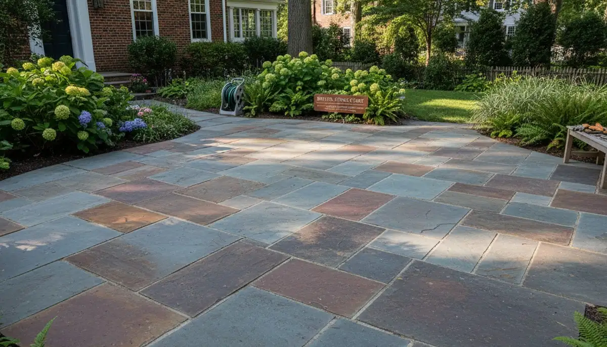 Modern large format stone patio installation by Boston landscapers | Contemporary paver design MA