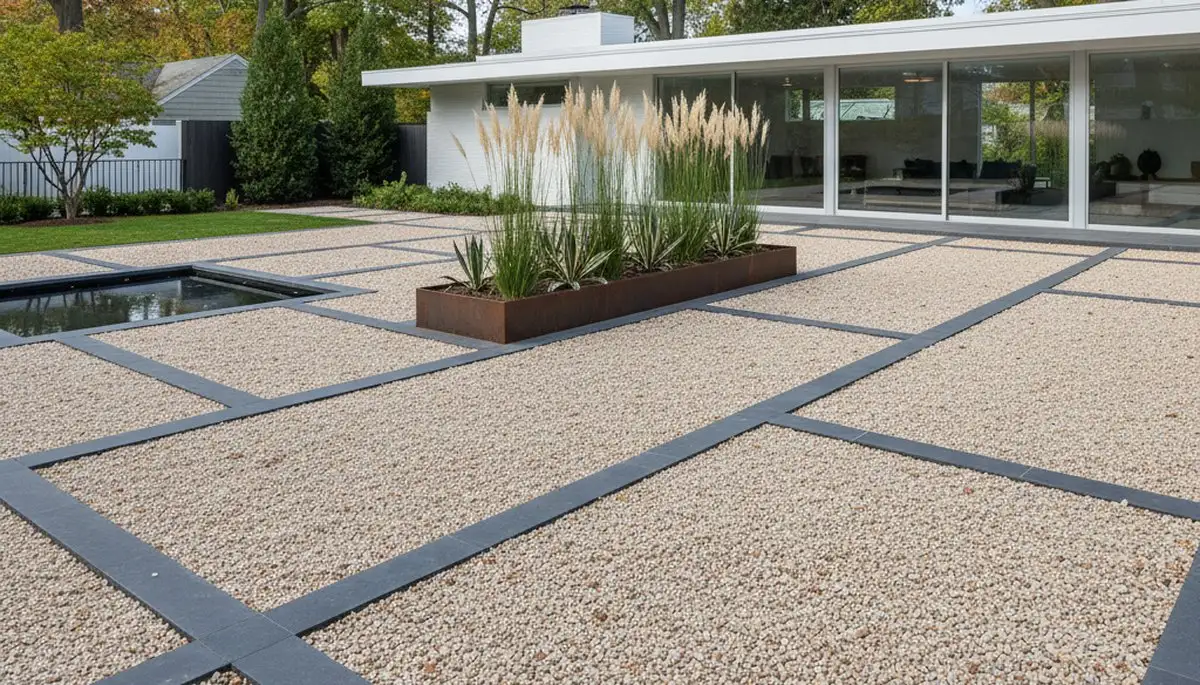 Modern minimalist pea gravel landscape with clean lines by Chop Chop Landscaping in Boston, MA