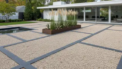 Modern minimalist pea gravel landscape with clean lines by Chop Chop Landscaping in Boston, MA