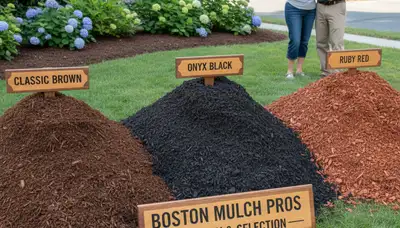 Premium brown, black, and red mulch color options for Boston, MA landscaping by Chop Chop Landscaping