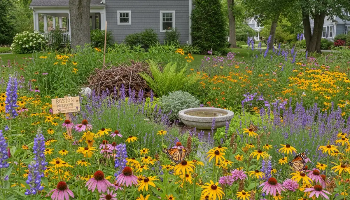Native pollinator garden with bees and butterflies showcasing organic landscaping in Boston, MA