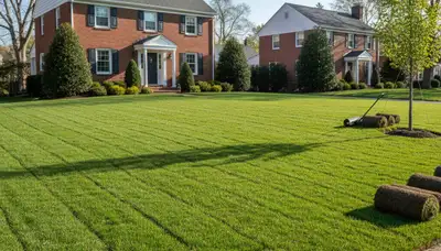 Freshly installed vibrant green sod lawn by professional landscapers in Boston, MA