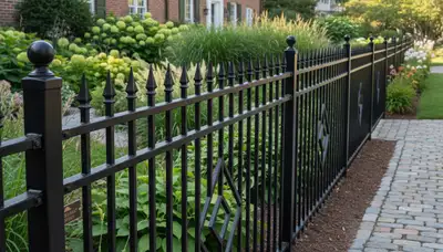 Black ornamental metal fence installation with decorative wrought iron design in Boston, MA landscaping
