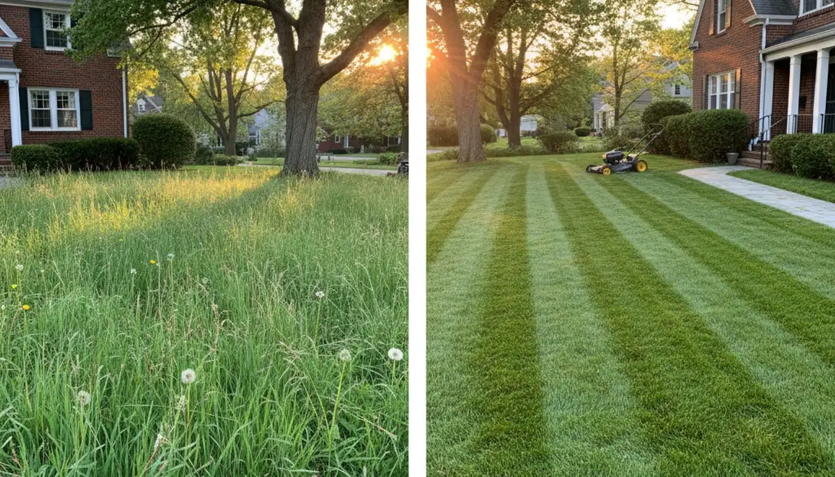 Before and after lawn mowing transformation at a Boston, MA home by Chop Chop Landscaping