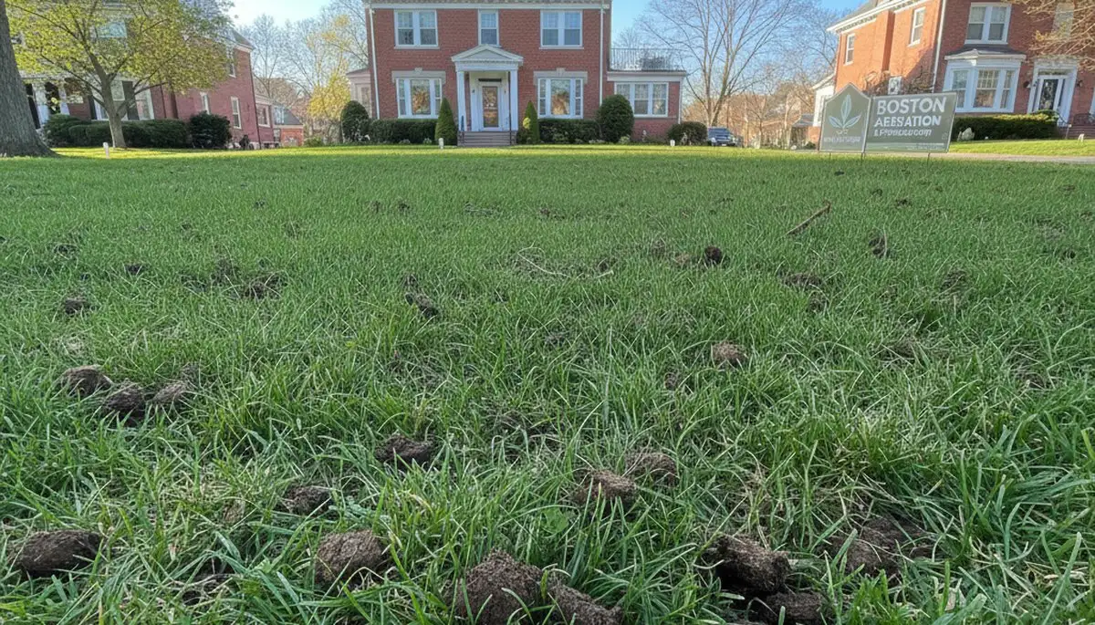 Healthy Boston lawn recovering after aeration treatment by professional landscapers in Massachusetts