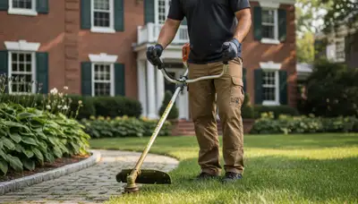 Technician edging Boston lawn with string trimmer for clean, professional landscaping finish