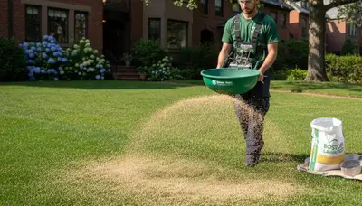 Lawn care technician spreading fertilizer on green residential lawn in Boston, MA for Chop Chop Landscaping