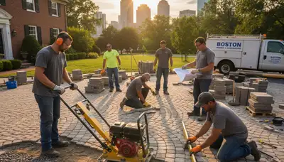 Professional crew installing driveway pavers in Boston MA with expert base prep and leveling work