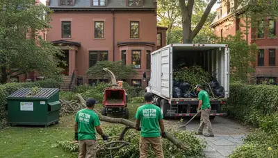 Boston MA crew hauling yard debris and branches during professional landscaping clean up service