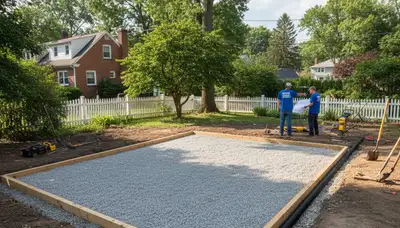 Professional shed base preparation with gravel foundation and drainage in Boston MA landscaping project