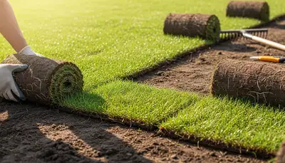 Lawn being installed with sod rolls in Boston, MA