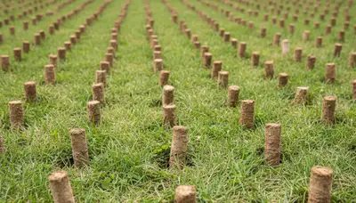 Close-up of soil core plugs from professional lawn aeration service in Boston, MA landscaping