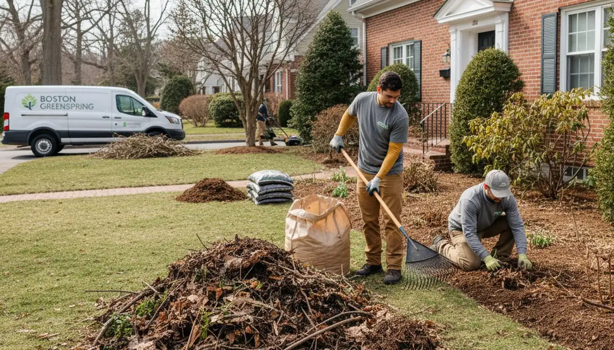 Spring yard cleanup with debris removal and pruning by landscaping pros in Boston, MA