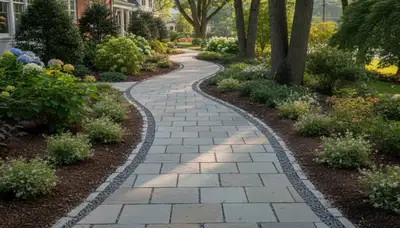 Professional stone paver pathway installation in Boston, MA residential landscape by Chop Chop Landscaping