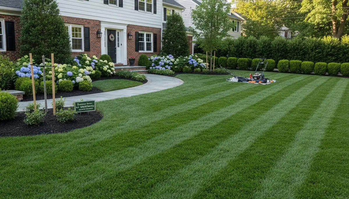Lush green residential lawn with professional landscaping and clean edges in Boston, MA